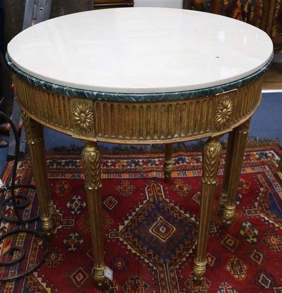 A pair of George III style giltwood demi-lune side tables (with additional marble tops) W.91cm